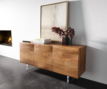 Sideboard New Live-Edge 145cm 3 Doors Acacia Wood Natural Acryl Feet