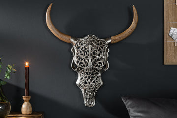 Decorative Skull Exotic Bull 57cm Metal Silver Mango Wood Natural