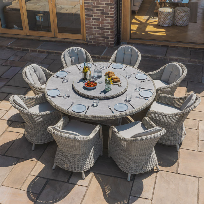 Oxford 8 Seat Round Dining Set with Heritage Dining Chairs & Woven Lazy Susan - Ceramic Glass
