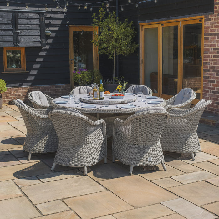 Oxford 8 Seat Round Dining Set with Heritage Dining Chairs & Woven Lazy Susan - Ceramic Glass