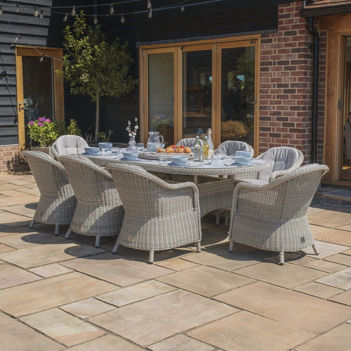 Oxford 8 Seat Oval Dining Set with Heritage Dining Chairs & Woven Lazy Susan - Ceramic Glass
