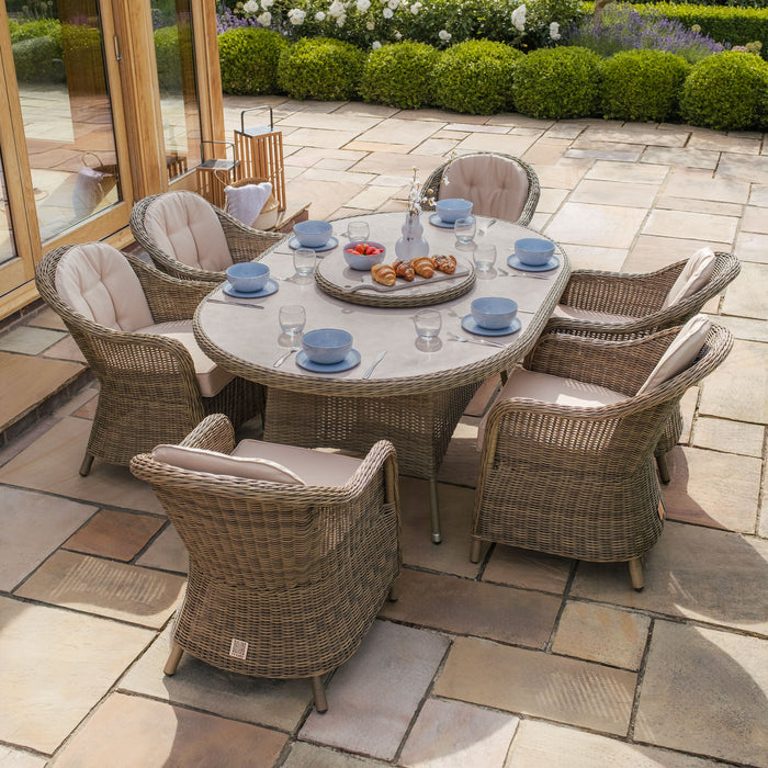 Winchester 6 Seat Oval Dining Set with Heritage Dining Chairs & Woven Lazy Susan - Ceramic Glass