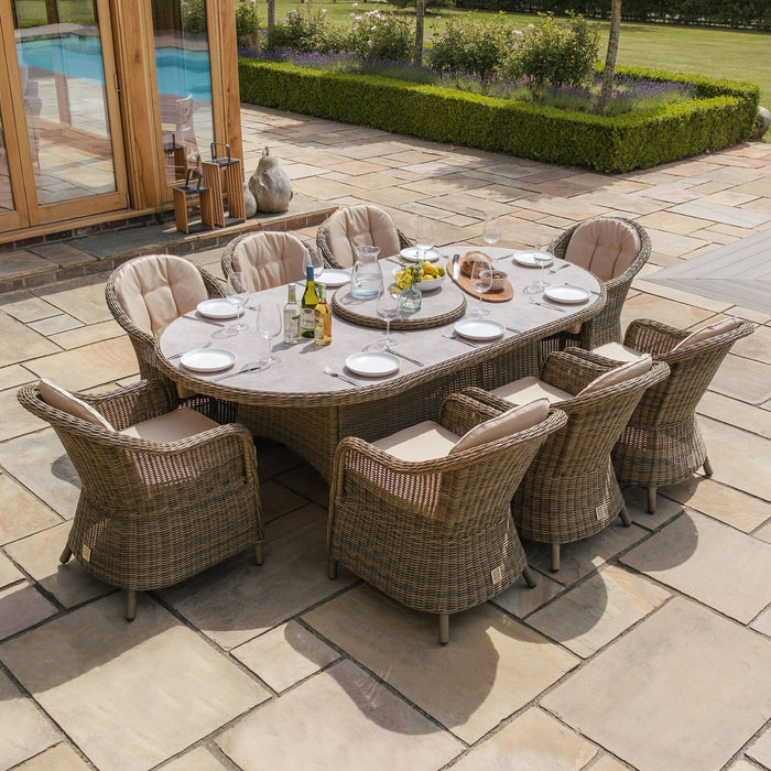 Winchester 8 Seat Oval Dining Set with Heritage Dining Chairs & Woven Lazy Susan - Ceramic Glass