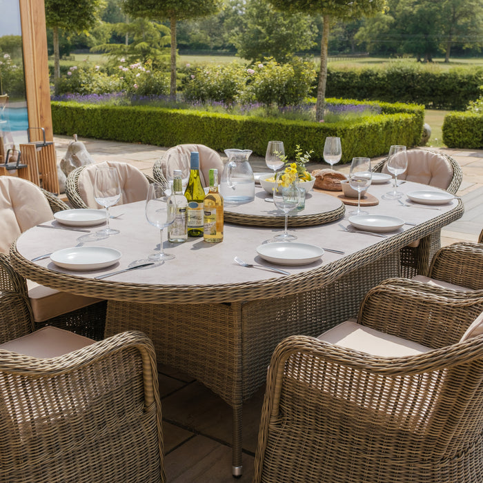 Winchester 8 Seat Oval Dining Set with Heritage Dining Chairs & Woven Lazy Susan - Ceramic Glass