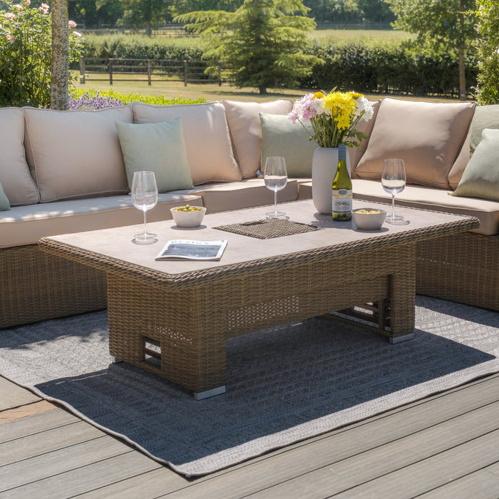 Winchester Deluxe Large Rattan Corner Dining Set with Rising Table & Armchair - Ceramic Glass