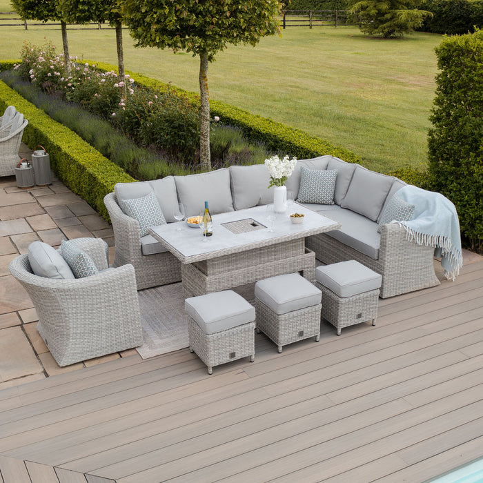 Oxford Deluxe Large Rattan Corner Dining Set with Rising Table & Armchair - Ceramic Glass