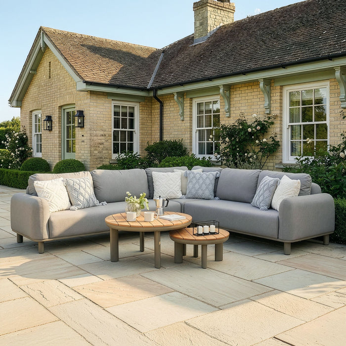 Outdoor Fabric Sicily Corner Sofa Set with Round Coffee Tables - Café