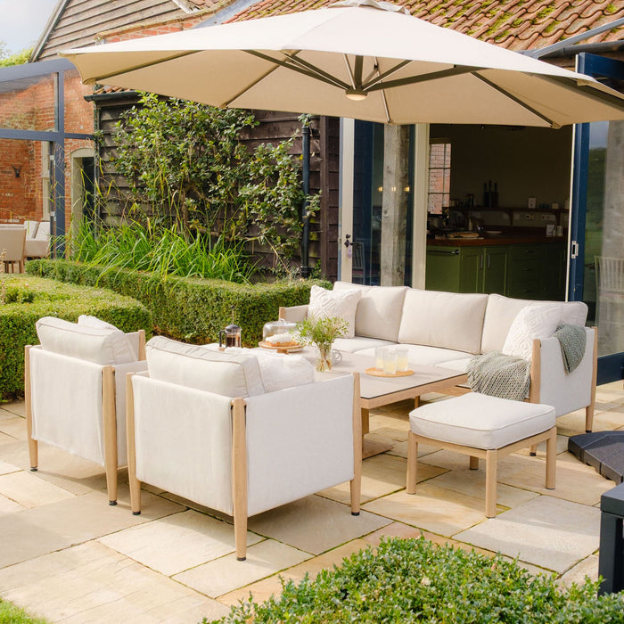 Burford 3 Seat Aluminium Sofa Dining Set with Rising Table & Footstools - Almond
