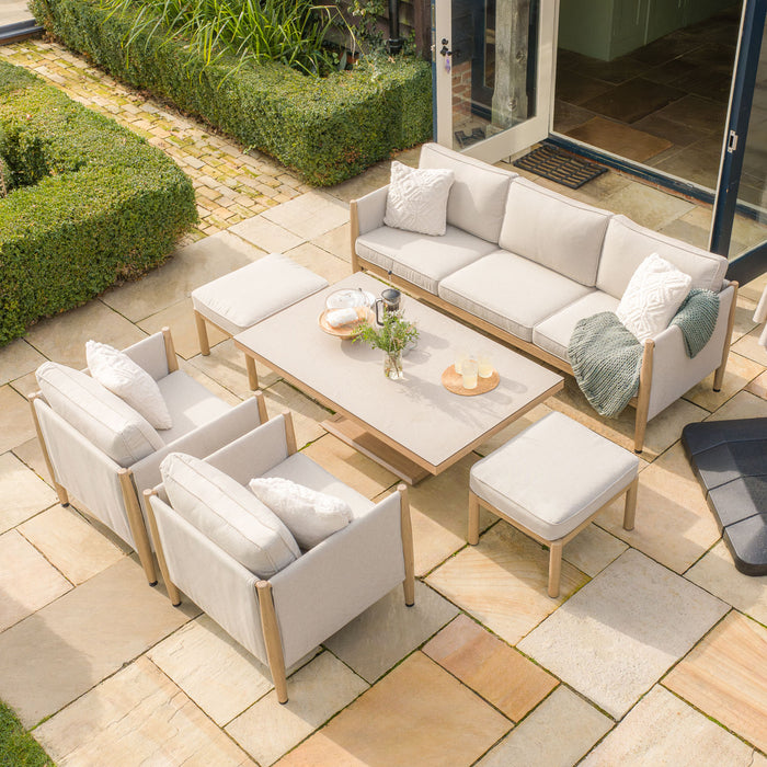 Burford 3 Seat Aluminium Sofa Dining Set with Rising Table & Footstools - Almond
