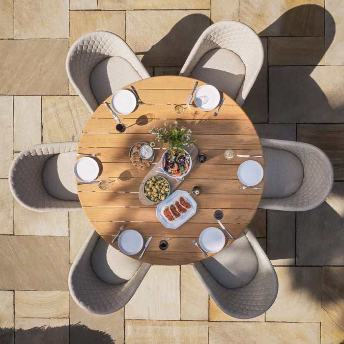 Sicily Teak 6 Seat Round Dining Set with Ambition Dining Chairs - Latte