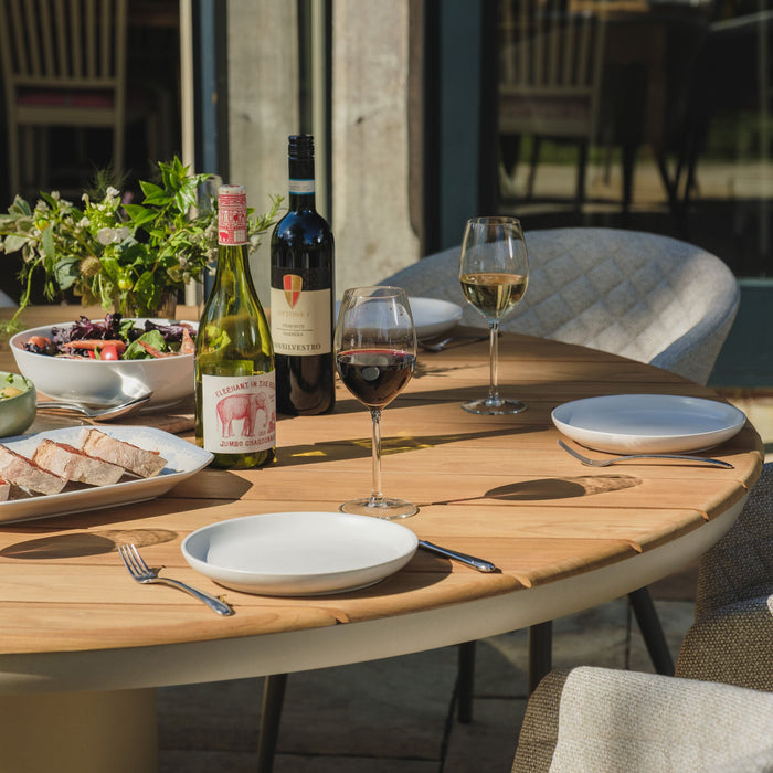 Sicily Teak 6 Seat Round Dining Set with Ambition Dining Chairs - Latte