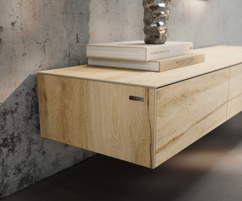 TV Stand Cuor 150cm Ceramic Sabbia Oak 1 Flap Door 1 Drawer Narrow Feet Black