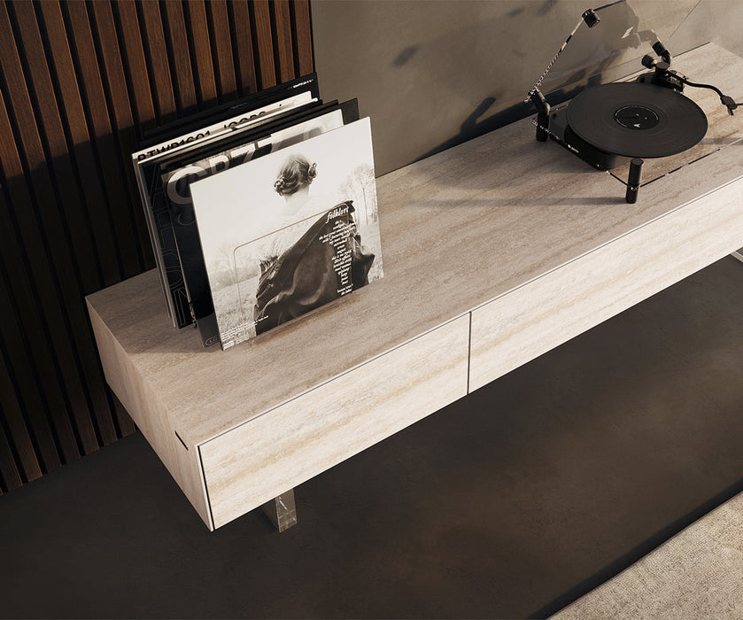 TV Stand Cuor 150cm Ceramic Travertino Bianco 1 Flap Door 1 Drawer Acryl Feet