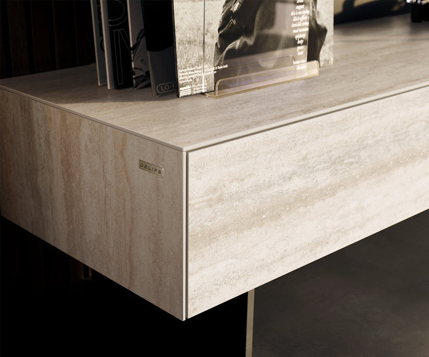 TV Stand Cuor 150cm Ceramic Travertino Bianco 1 Flap Door 1 Drawer Narrow Feet Black