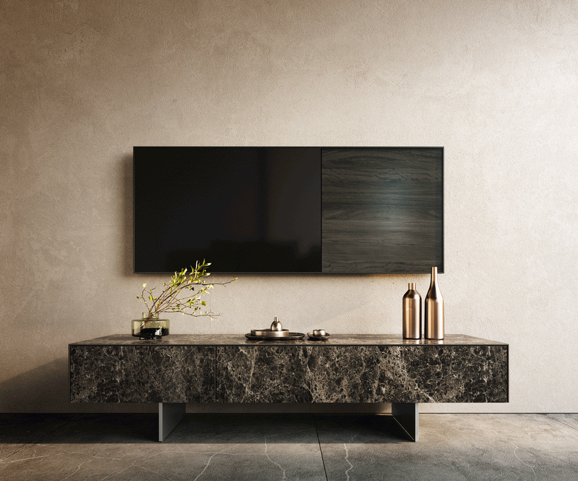 TV Stand Cuor 150cm Ceramic Emperador Extra Lucidato 1 Flap Door 1 Drawer Narrow Feet Silver