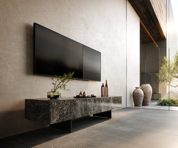 TV Stand Cuor 150cm Ceramic Emperador Extra Lucidato 1 Flap Door 1 Drawer Narrow Feet Black