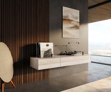 Floating TV Stand Cuor 150cm Ceramic Travertino Bianco 1 Flap Door 1 Drawer
