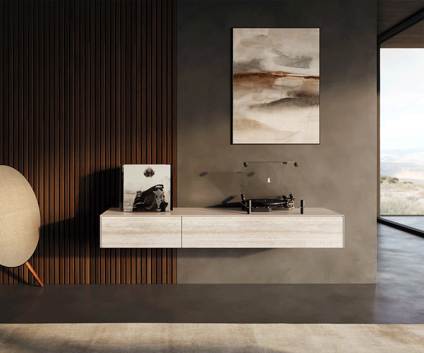 Floating TV Stand Cuor 150cm Ceramic Travertino Bianco 1 Flap Door 1 Drawer
