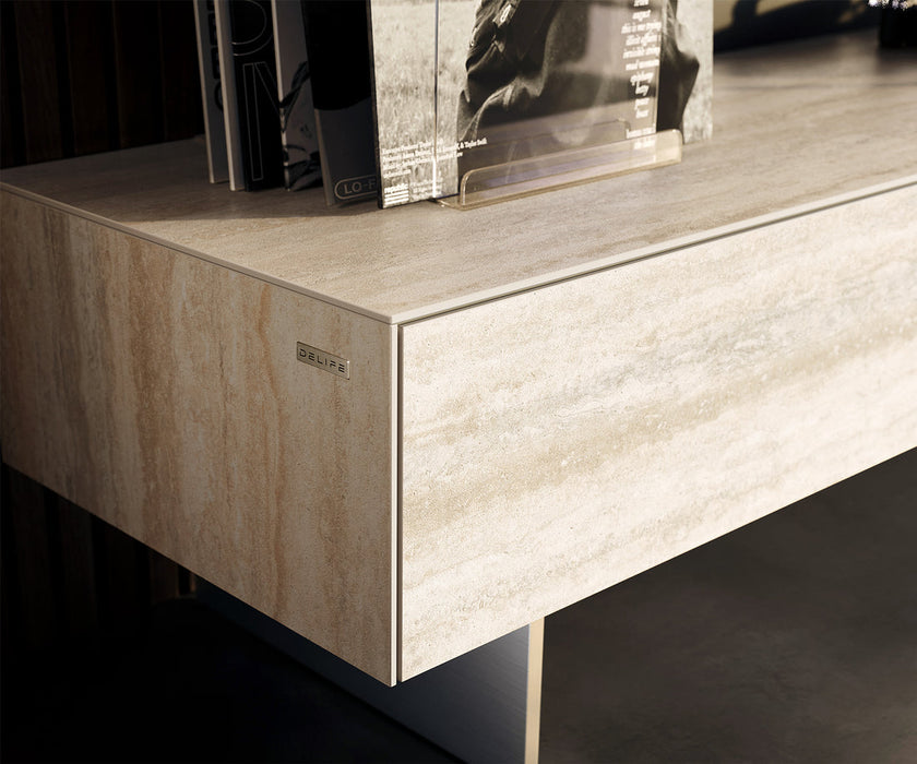 TV Stand Cuor 150cm Ceramic Travertino Bianco 1 Flap Door 1 Drawer Narrow Feet Silver