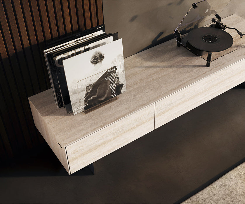 TV Stand Cuor 150cm Ceramic Travertino Bianco 1 Flap Door 1 Drawer Narrow Feet Silver