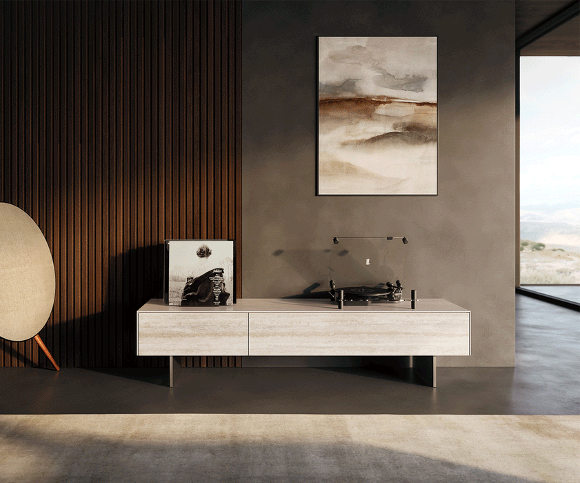 TV Stand Cuor 150cm Ceramic Travertino Bianco 1 Flap Door 1 Drawer Narrow Feet Silver