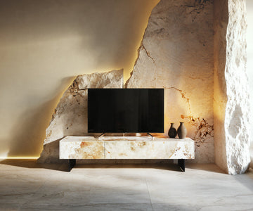 TV Stand Cuor 150cm Ceramic Minas Melange 1 Flap Door 1 Drawer Narrow Feet Black