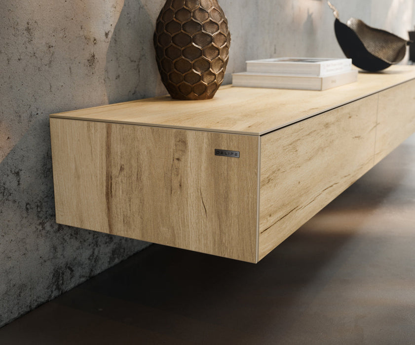 TV Stand Cuor 200cm Ceramic Sabbia Oak 1 Flap Door 1 Drawer Narrow Feet Black