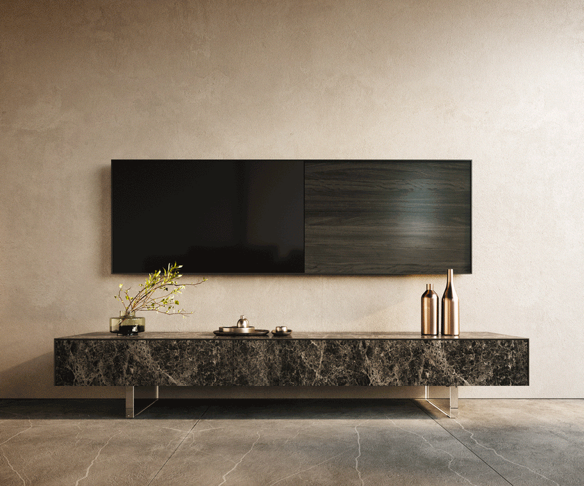 TV Stand Cuor 200cm Ceramic Emperador Extra Lucidato 1 Flap Door 1 Drawer Acryl Feet