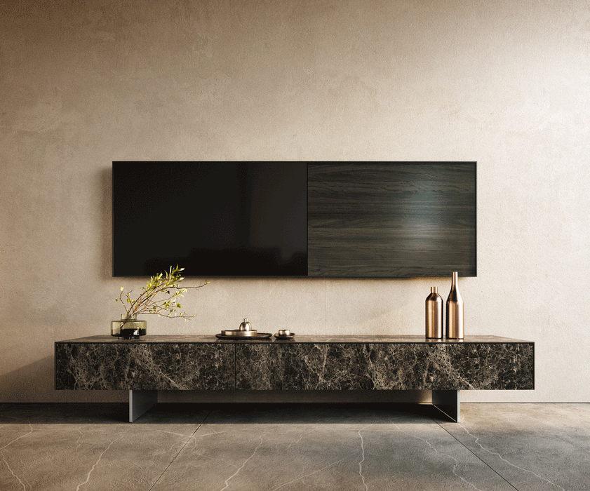 TV Stand Cuor 200cm Ceramic Emperador Extra Lucidato 1 Flap Door 1 Drawer Narrow Feet Silver