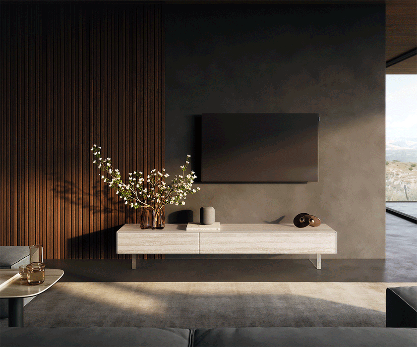 TV Stand Cuor 200cm Ceramic Travertino Bianco 1 Flap Door 1 Drawer Acryl Feet