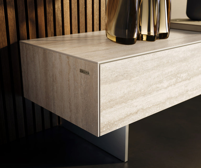 TV Stand Cuor 200cm Ceramic Travertino Bianco 1 Flap Door 1 Drawer Narrow Feet Silver