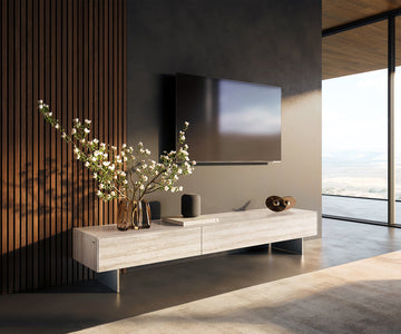 TV Stand Cuor 200cm Ceramic Travertino Bianco 1 Flap Door 1 Drawer Narrow Feet Silver