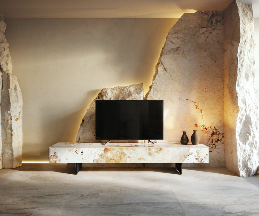 TV Stand Cuor 200cm Ceramic Minas Melange 1 Flap Door 1 Drawer Narrow Feet Black