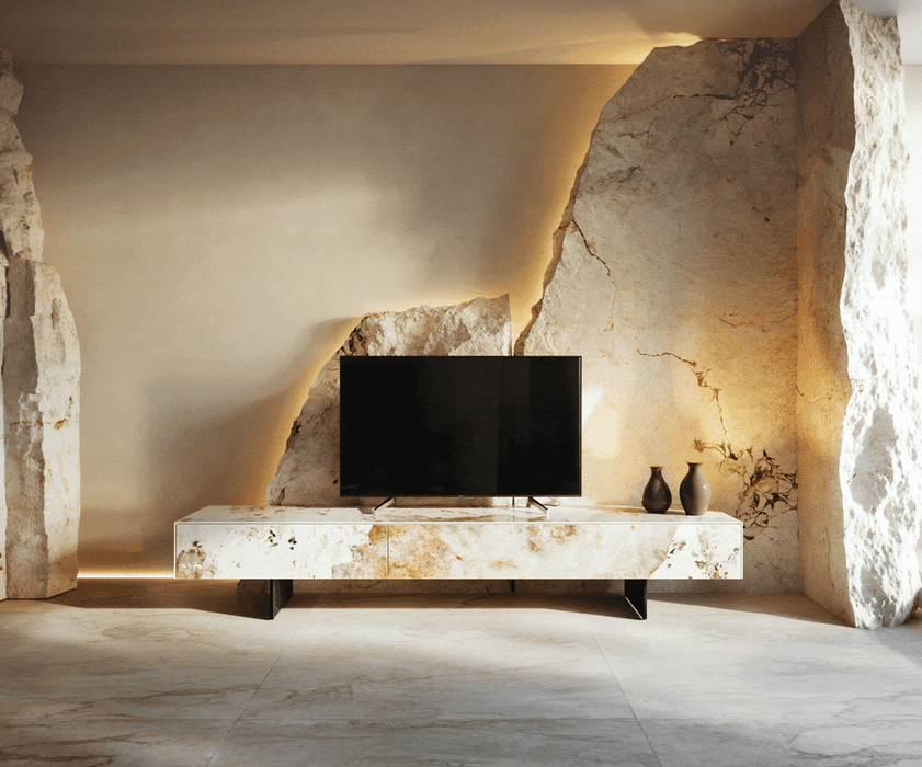 TV Stand Cuor 200cm Ceramic Minas Melange 1 Flap Door 1 Drawer Narrow Feet Black