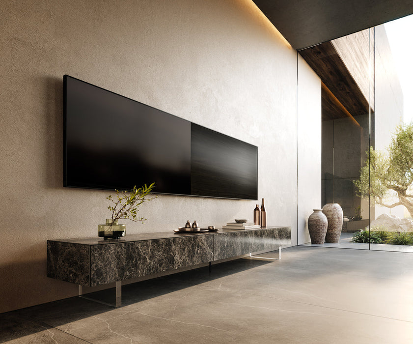 TV Stand Cuor 250cm Ceramic Emperador Extra Lucidato 1 Flap Door 1 Drawer Acryl Feet