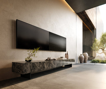 TV Stand Cuor 250cm Ceramic Emperador Extra Lucidato 1 Flap Door 1 Drawer Narrow Feet Black