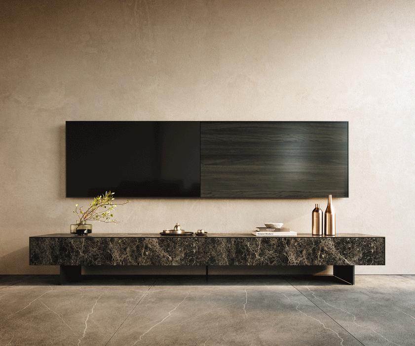 TV Stand Cuor 250cm Ceramic Emperador Extra Lucidato 1 Flap Door 1 Drawer Narrow Feet Black