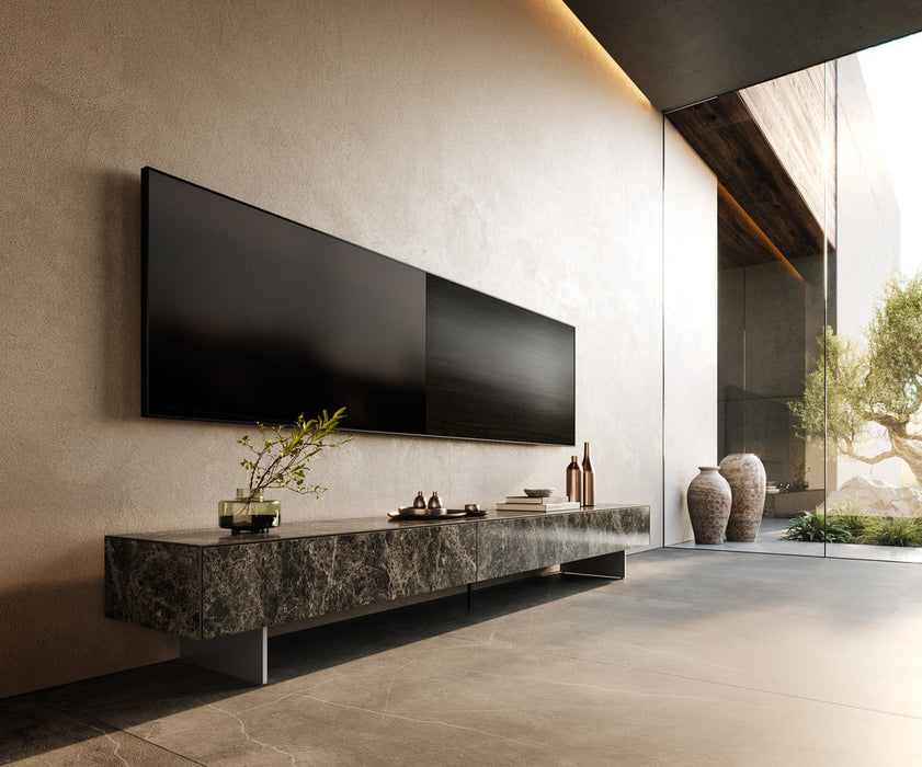 TV Stand Cuor 250cm Ceramic Emperador Extra Lucidato 1 Flap Door 1 Drawer Narrow Feet Silver