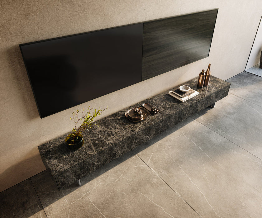 TV Stand Cuor 250cm Ceramic Emperador Extra Lucidato 1 Flap Door 1 Drawer Narrow Feet Silver