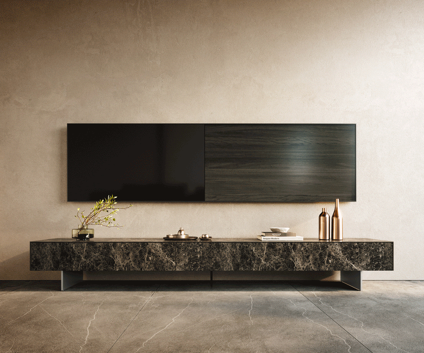 TV Stand Cuor 250cm Ceramic Emperador Extra Lucidato 1 Flap Door 1 Drawer Narrow Feet Silver