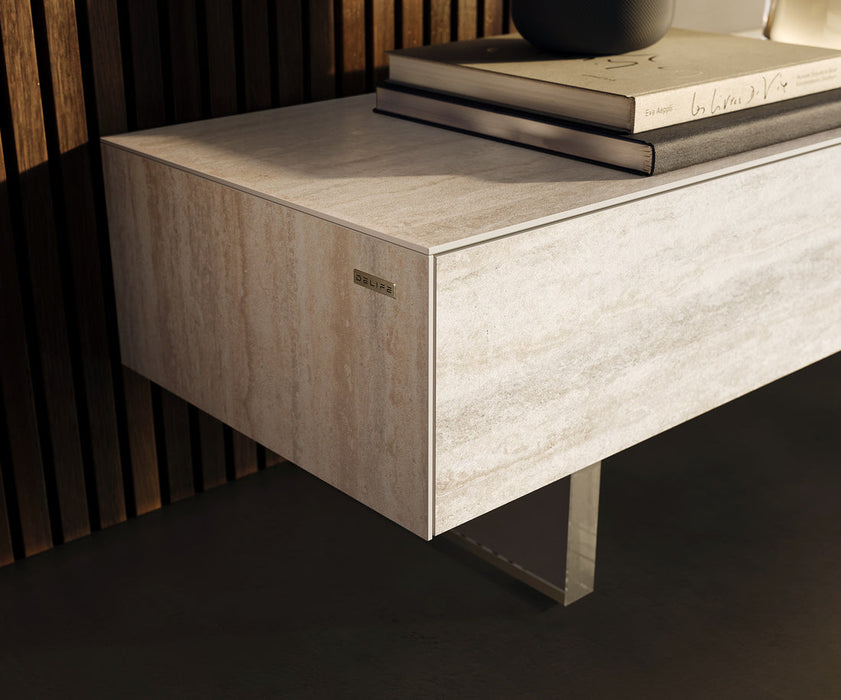 TV Stand Cuor 250cm Ceramic Travertino Bianco 1 Flap Door 1 Drawer Acryl Feet
