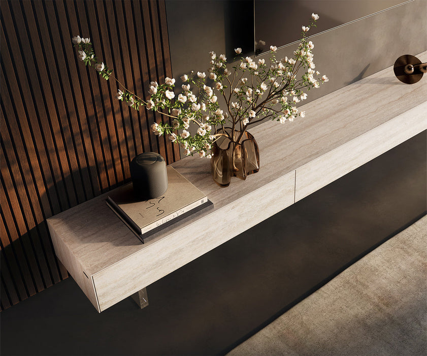 TV Stand Cuor 250cm Ceramic Travertino Bianco 1 Flap Door 1 Drawer Acryl Feet