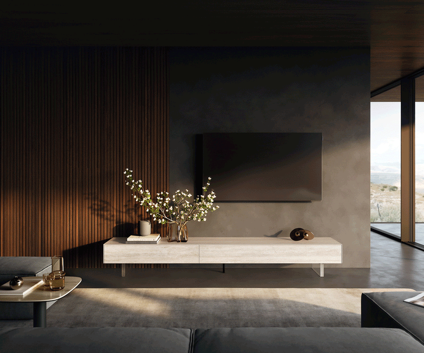 TV Stand Cuor 250cm Ceramic Travertino Bianco 1 Flap Door 1 Drawer Acryl Feet