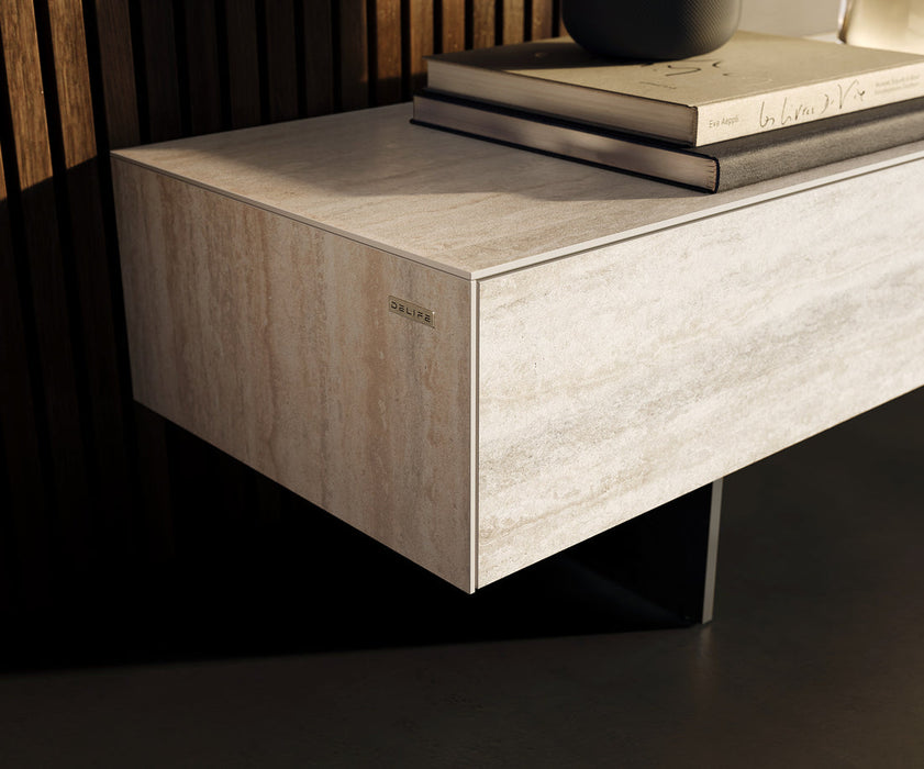 TV Stand Cuor 250cm Ceramic Travertino Bianco 1 Flap Door 1 Drawer Narrow Feet Black