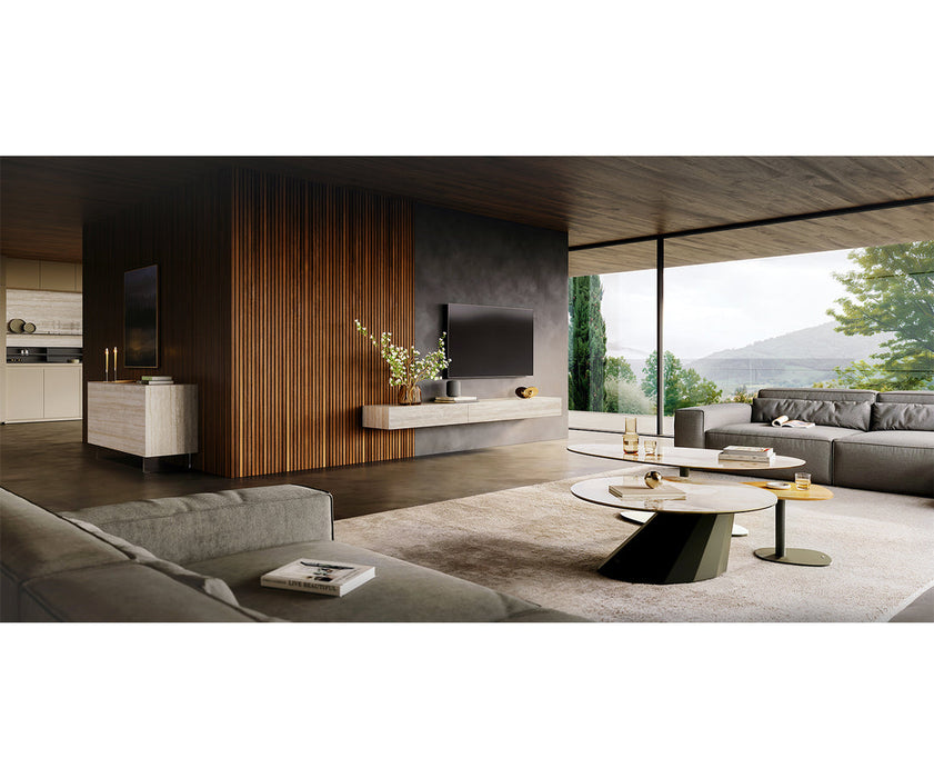 TV Stand Cuor 250cm Ceramic Travertino Bianco 1 Flap Door 1 Drawer Narrow Feet Black