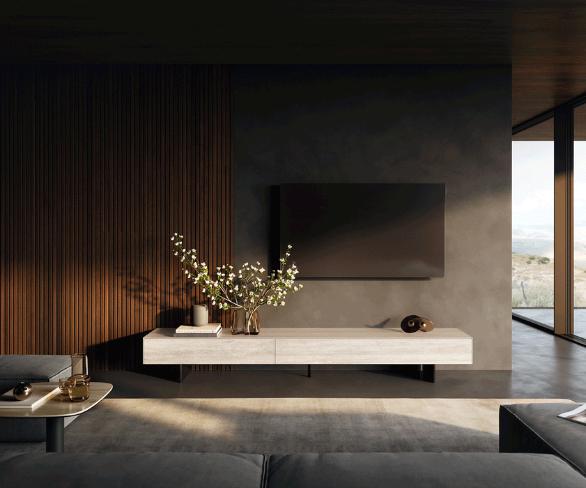 TV Stand Cuor 250cm Ceramic Travertino Bianco 1 Flap Door 1 Drawer Narrow Feet Black