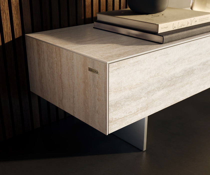 TV Stand Cuor 250cm Ceramic Travertino Bianco 1 Flap Door 1 Drawer Narrow Feet Silver
