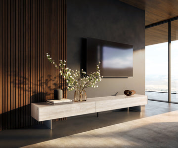 TV Stand Cuor 250cm Ceramic Travertino Bianco 1 Flap Door 1 Drawer Narrow Feet Silver