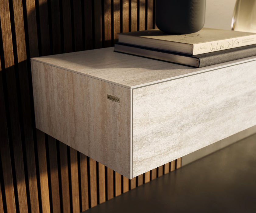Floating TV Stand Cuor 250cm Ceramic Travertino Bianco 1 Flap Door 1 Drawer