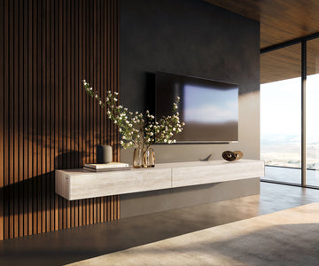 Floating TV Stand Cuor 250cm Ceramic Travertino Bianco 1 Flap Door 1 Drawer